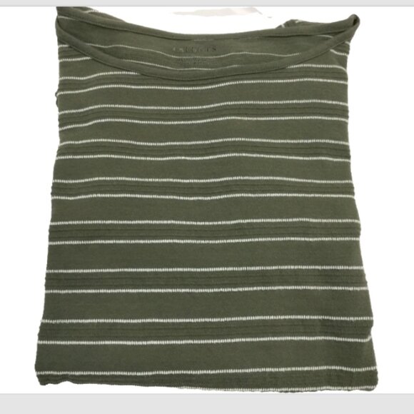 Talbots Women Size L Pullover Top Blouse Cotton Knit Olive Green White Striped - Picture 5 of 6